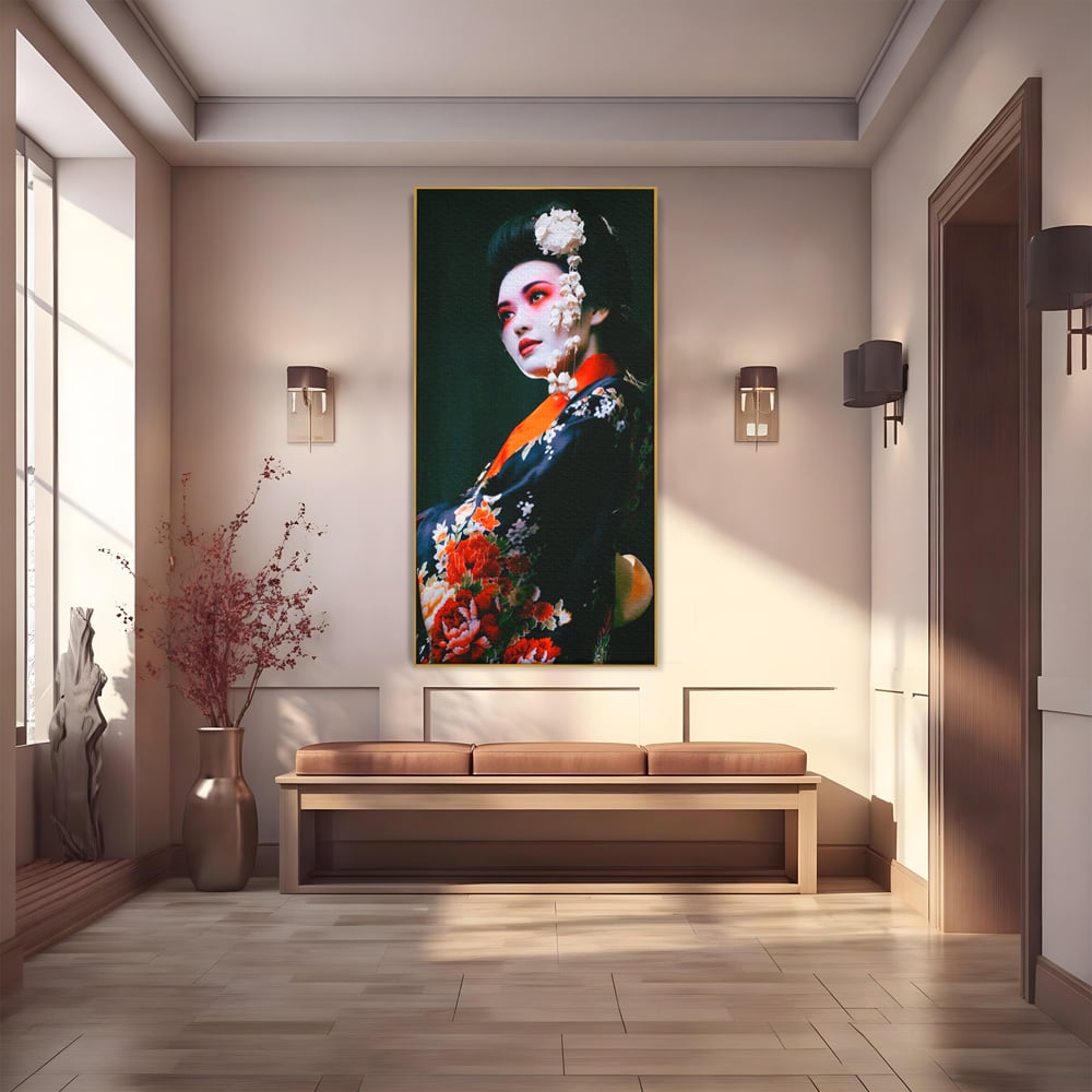 Tablou canvas cu tablou portret gheisa japoneza, in rama de aluminiu auriu
